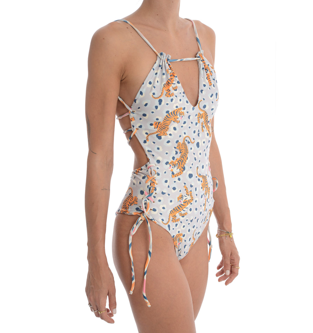 Costume Intero Reversibile Fantasia Tigri & Onde